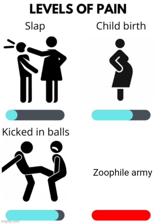 Evil zoophile army | Zoophile army | image tagged in levels of pain,zoophile,zoophiles,memes,meme,anti-zoophile meme | made w/ Imgflip meme maker