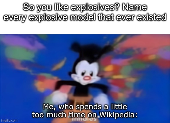Me dropping “bombs” | So you like explosives? Name every explosive model that ever existed; Me, who spends a little too much time on Wikipedia: | image tagged in yakko inhale,bomb | made w/ Imgflip meme maker