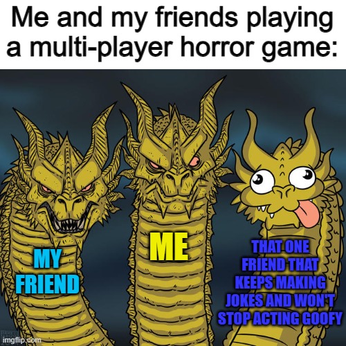 "C'mon, focus -_-" | Me and my friends playing a multi-player horror game:; THAT ONE FRIEND THAT KEEPS MAKING JOKES AND WON'T STOP ACTING GOOFY; ME; MY FRIEND | image tagged in three-headed dragon | made w/ Imgflip meme maker