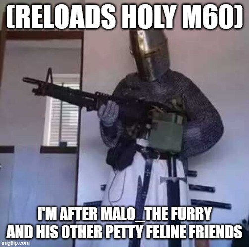 Crusader knight with M60 Machine Gun | (RELOADS HOLY M60); I'M AFTER MALO_THE FURRY AND HIS OTHER PETTY FELINE FRIENDS | image tagged in crusader knight with m60 machine gun | made w/ Imgflip meme maker