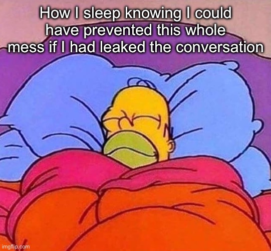 Homer Simpson sleeping peacefully | How I sleep knowing I could have prevented this whole mess if I had leaked the conversation | image tagged in homer simpson sleeping peacefully | made w/ Imgflip meme maker