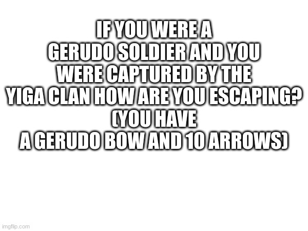 IF YOU WERE A GERUDO SOLDIER AND YOU WERE CAPTURED BY THE YIGA CLAN HOW ARE YOU ESCAPING?
(YOU HAVE A GERUDO BOW AND 10 ARROWS) | made w/ Imgflip meme maker