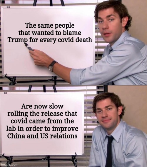 They are afraid to point to the true people at fault for covid | The same people that wanted to blame Trump for every covid death; Are now slow rolling the release that covid came from the lab in order to improve China and US relations | image tagged in jim halpert explains,democrats,joe biden,covid-19 | made w/ Imgflip meme maker