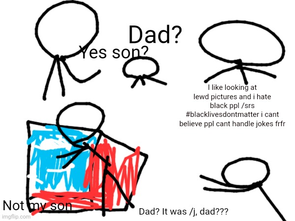 Yes son? Dad? I like looking at lewd pictures and i hate black ppl /srs #blacklivesdontmatter i cant believe ppl cant handle jokes frfr; Not my son; Dad? It was /j, dad??? | made w/ Imgflip meme maker