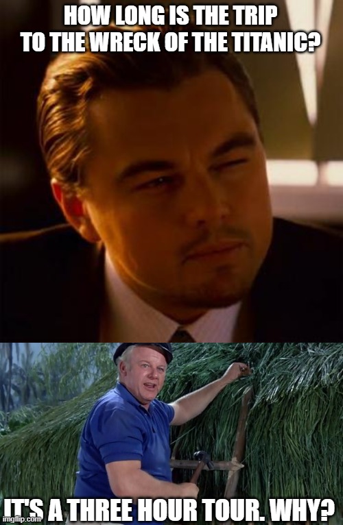 Too soon? | HOW LONG IS THE TRIP TO THE WRECK OF THE TITANIC? IT'S A THREE HOUR TOUR. WHY? | image tagged in leonardo dicaprio,skipper,titanic,funny memes,dark humor,gilligan's island | made w/ Imgflip meme maker