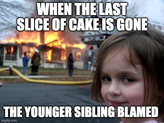 you that feelin | WHEN THE LAST SLICE OF CAKE IS GONE; THE YOUNGER SIBLING BLAMED | image tagged in memes,disaster girl | made w/ Imgflip meme maker