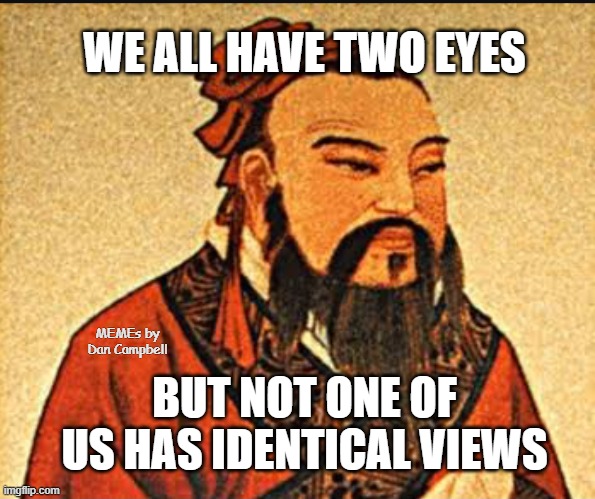 Ancient Chinese Wisdom | WE ALL HAVE TWO EYES; MEMEs by Dan Campbell; BUT NOT ONE OF US HAS IDENTICAL VIEWS | image tagged in ancient chinese wisdom | made w/ Imgflip meme maker
