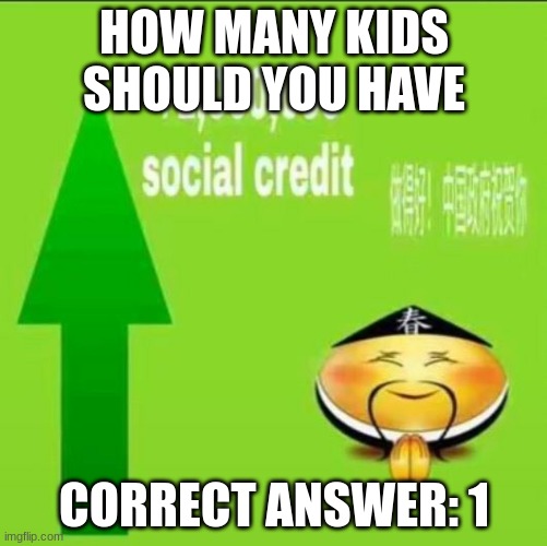 +1000000 social credit | HOW MANY KIDS SHOULD YOU HAVE; CORRECT ANSWER: 1 | image tagged in 1000000 social credit | made w/ Imgflip meme maker
