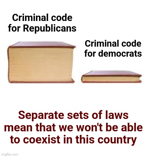 This won't end well | Criminal code
for Republicans; Criminal code
for democrats; Separate sets of laws mean that we won't be able to coexist in this country | image tagged in big book small book,laws,democrats,republicans,injustice,political prisoners | made w/ Imgflip meme maker