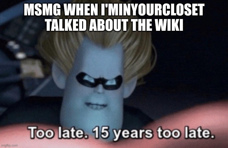i won't talk about it | MSMG WHEN I'MINYOURCLOSET TALKED ABOUT THE WIKI | image tagged in too late | made w/ Imgflip meme maker