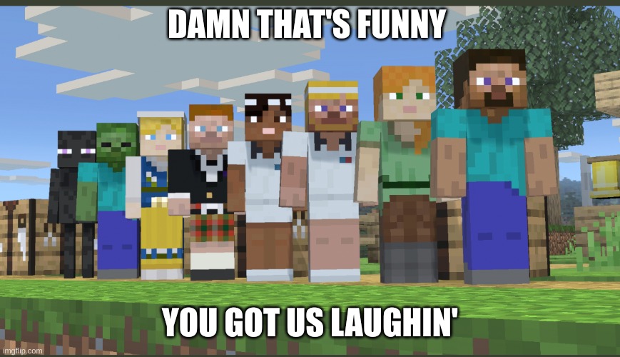 Minecraft squad laughing | DAMN THAT'S FUNNY YOU GOT US LAUGHIN' | image tagged in minecraft squad laughing | made w/ Imgflip meme maker