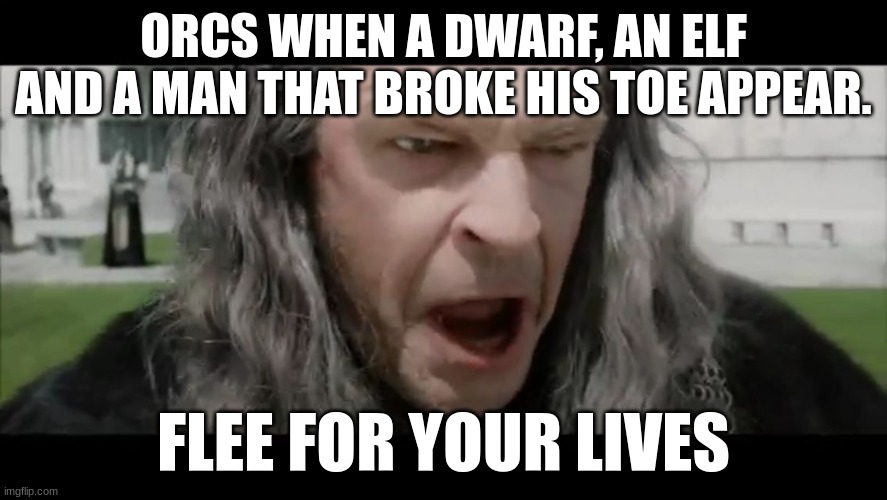 denethor!@ | ORCS WHEN A DWARF, AN ELF AND A MAN THAT BROKE HIS TOE APPEAR. FLEE FOR YOUR LIVES | image tagged in denethor flee for your lives | made w/ Imgflip meme maker