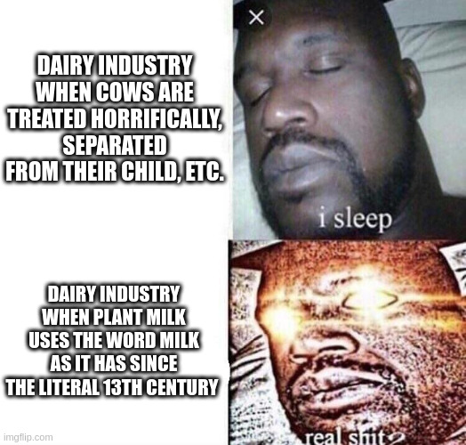 i sleep real shit | DAIRY INDUSTRY WHEN COWS ARE TREATED HORRIFICALLY, SEPARATED FROM THEIR CHILD, ETC. DAIRY INDUSTRY WHEN PLANT MILK USES THE WORD MILK AS IT HAS SINCE THE LITERAL 13TH CENTURY | image tagged in i sleep real shit,milk,dairy | made w/ Imgflip meme maker