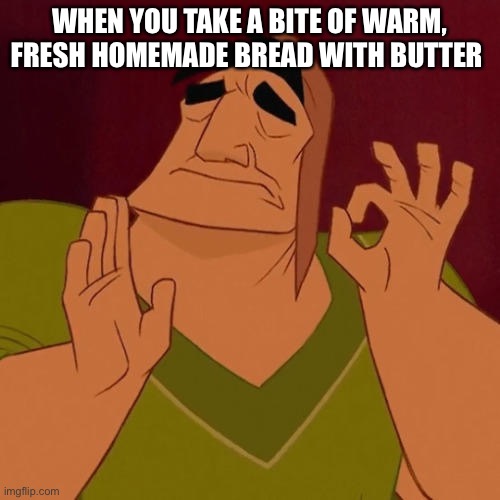 Yum yum | WHEN YOU TAKE A BITE OF WARM, FRESH HOMEMADE BREAD WITH BUTTER | image tagged in when x just right | made w/ Imgflip meme maker