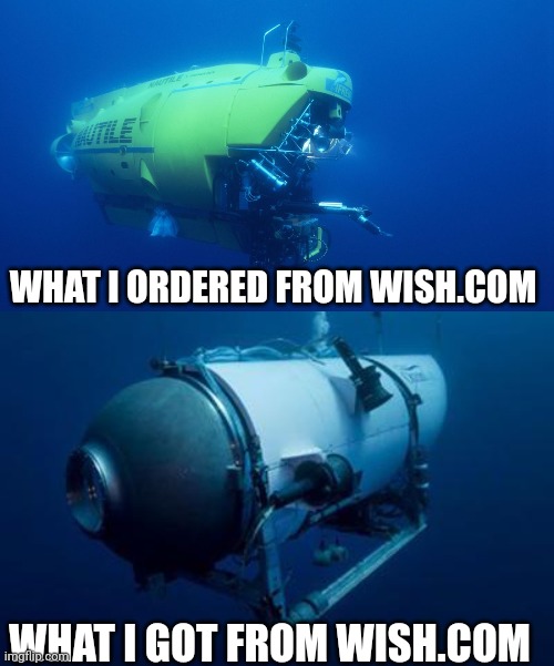 Wish.com submarine | WHAT I ORDERED FROM WISH.COM; WHAT I GOT FROM WISH.COM | image tagged in submarine,titanic,billionaire,titan | made w/ Imgflip meme maker