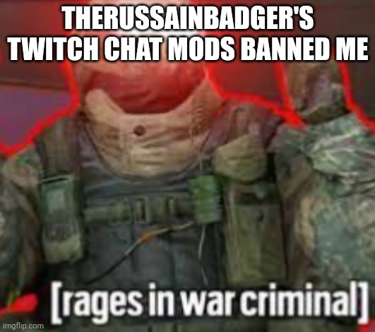 why? because of a copypasta. | THERUSSAINBADGER'S TWITCH CHAT MODS BANNED ME | image tagged in rages in war criminal | made w/ Imgflip meme maker