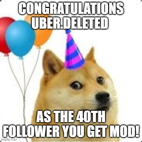 Every tenth follower gets mod invite | CONGRATULATIONS UBER.DELETED; AS THE 40TH FOLLOWER YOU GET MOD! | image tagged in party doge | made w/ Imgflip meme maker