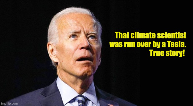 Confused joe biden | That climate scientist
was run over by a Tesla.
True story! | image tagged in confused joe biden | made w/ Imgflip meme maker
