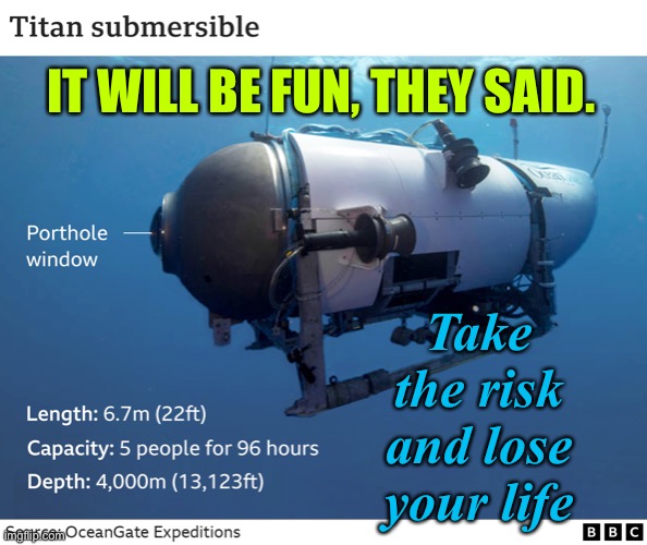 IT WILL BE FUN, THEY SAID | IT WILL BE FUN, THEY SAID. Take the risk and lose your life | image tagged in oceangate titan submersible | made w/ Imgflip meme maker