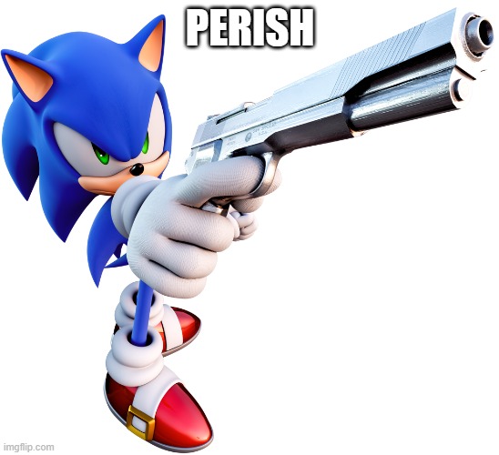 Sonic with a gun | PERISH | image tagged in sonic with a gun | made w/ Imgflip meme maker