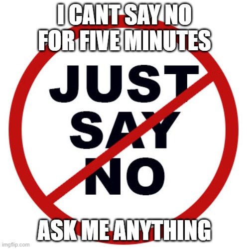 aaa | I CANT SAY NO FOR FIVE MINUTES; ASK ME ANYTHING | image tagged in just say no | made w/ Imgflip meme maker