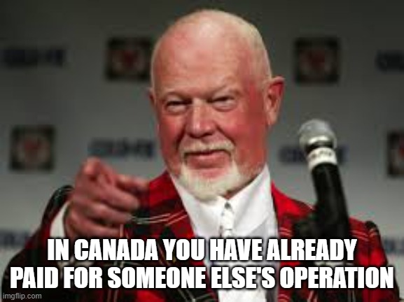 don cherry | IN CANADA YOU HAVE ALREADY PAID FOR SOMEONE ELSE'S OPERATION | image tagged in don cherry | made w/ Imgflip meme maker