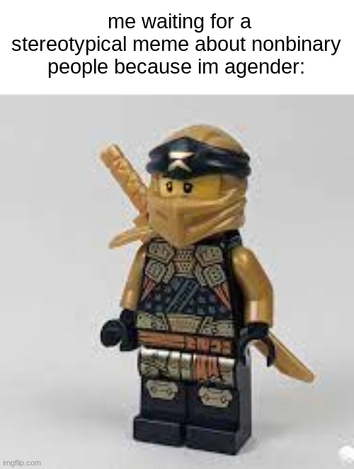 i use he/they pronouns btw (excluding some neos+others) | me waiting for a stereotypical meme about nonbinary people because im agender: | image tagged in cole lego figure | made w/ Imgflip meme maker