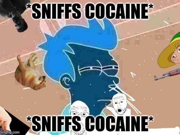 *sniffs cocaine* | *SNIFFS COCAINE*; *SNIFFS COCAINE* | image tagged in memes,futurama fry,cocaine,it's over anakin i have the high ground,stupid humor | made w/ Imgflip meme maker
