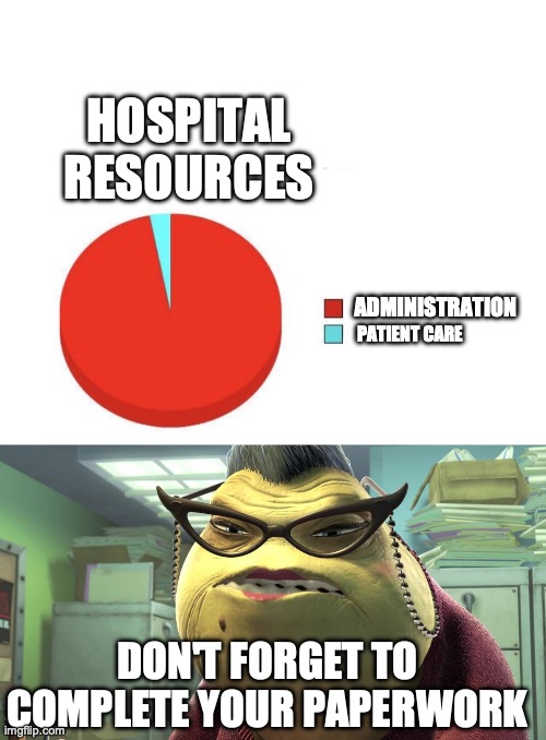 HOSPITAL RESOURCES; ADMINISTRATION; PATIENT CARE; DON'T FORGET TO COMPLETE YOUR PAPERWORK | image tagged in pie graph meme,wazowski paperwork | made w/ Imgflip meme maker