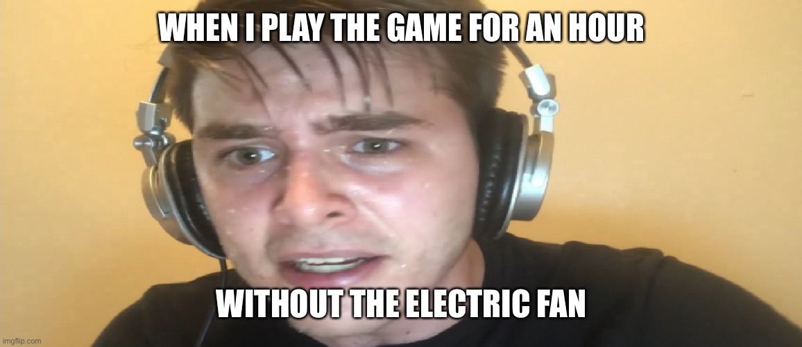 It’s so hot | WHEN I PLAY THE GAME FOR AN HOUR; WITHOUT THE ELECTRIC FAN | image tagged in sweaty gamer | made w/ Imgflip meme maker