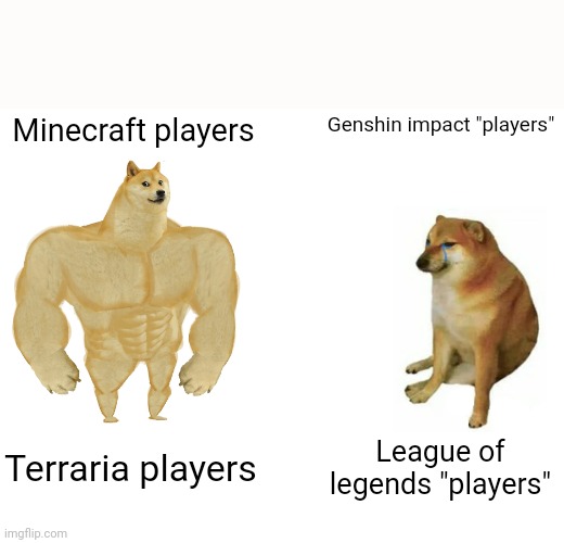 Buff Doge vs. Cheems | Minecraft players; Genshin impact "players"; Terraria players; League of legends "players" | image tagged in memes,buff doge vs cheems | made w/ Imgflip meme maker