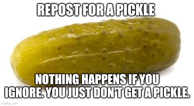 Pickle | REPOST FOR A PICKLE; NOTHING HAPPENS IF YOU IGNORE. YOU JUST DON'T GET A PICKLE. | image tagged in pickle | made w/ Imgflip meme maker
