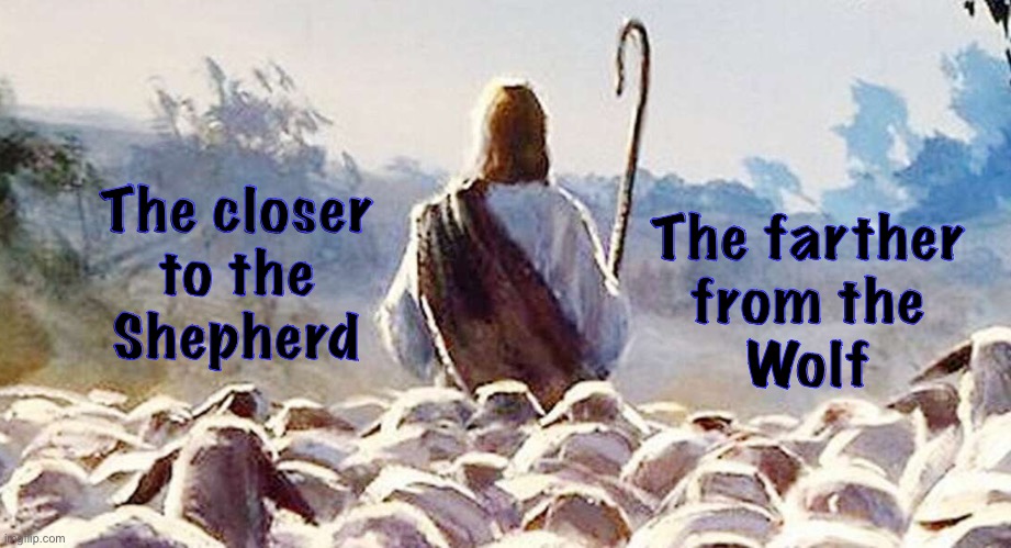 He’s got your back | The farther
from the
Wolf; The closer
to the
Shepherd | image tagged in memes,shepherds guard the flock,danger lurks,seeking to sink its teeth into you,not his people | made w/ Imgflip meme maker
