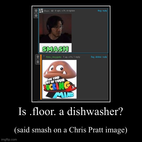 Is .floor. a dishwasher? | (said smash on a Chris Pratt image) | image tagged in demotivationals | made w/ Imgflip demotivational maker