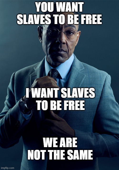 Slaves for free!!! | YOU WANT SLAVES TO BE FREE; I WANT SLAVES TO BE FREE; WE ARE NOT THE SAME | image tagged in gus fring we are not the same | made w/ Imgflip meme maker