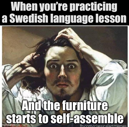 IKEA furniture | When you’re practicing a Swedish language lesson; And the furniture starts to self-assemble | image tagged in ikea,furniture,swedish,scorcery,magic | made w/ Imgflip meme maker