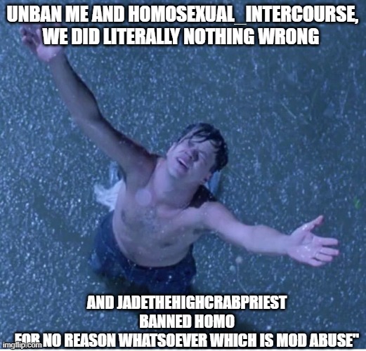 Shawshank redemption freedom | UNBAN ME AND HOMOSEXUAL_INTERCOURSE, WE DID LITERALLY NOTHING WRONG; AND JADETHEHIGHCRABPRIEST BANNED HOMO FOR NO REASON WHATSOEVER WHICH IS MOD ABUSE" | image tagged in shawshank redemption freedom | made w/ Imgflip meme maker