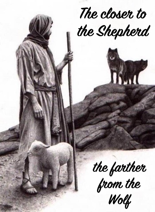 Physically, and Spiritually | The closer to
the Shepherd; the farther
from the
Wolf | image tagged in memes,wolf,shepherd,good n evil,get the connection comma question mark,time to get right | made w/ Imgflip meme maker