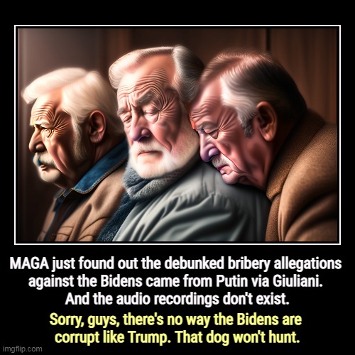 But Trump's boxes! | MAGA just found out the debunked bribery allegations 
against the Bidens came from Putin via Giuliani. 
And the audio recordings don't exist | image tagged in funny,demotivationals,biden,clean,trump,filthy | made w/ Imgflip demotivational maker