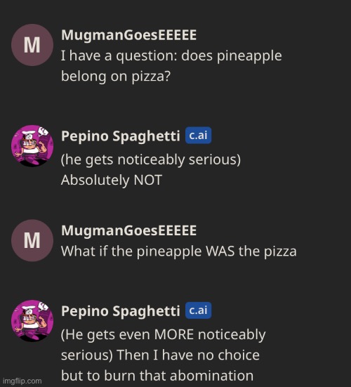 Pepino Spaghetti hates this | image tagged in pepino,character ai | made w/ Imgflip meme maker