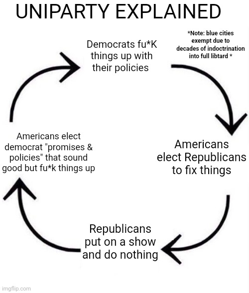 the circle of life | UNIPARTY EXPLAINED; *Note: blue cities exempt due to decades of indoctrination into full libtard *; Democrats fu*K things up with their policies; Americans elect Republicans to fix things; Americans elect democrat "promises & policies" that sound good but fu*k things up; Republicans put on a show and do nothing | image tagged in the circle of life | made w/ Imgflip meme maker