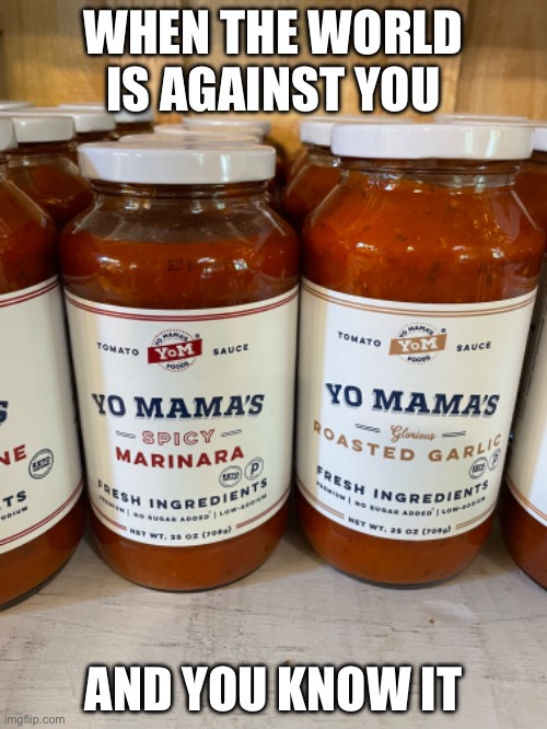 Yo mama’s (actual brand) | WHEN THE WORLD IS AGAINST YOU; AND YOU KNOW IT | image tagged in funny memes | made w/ Imgflip meme maker