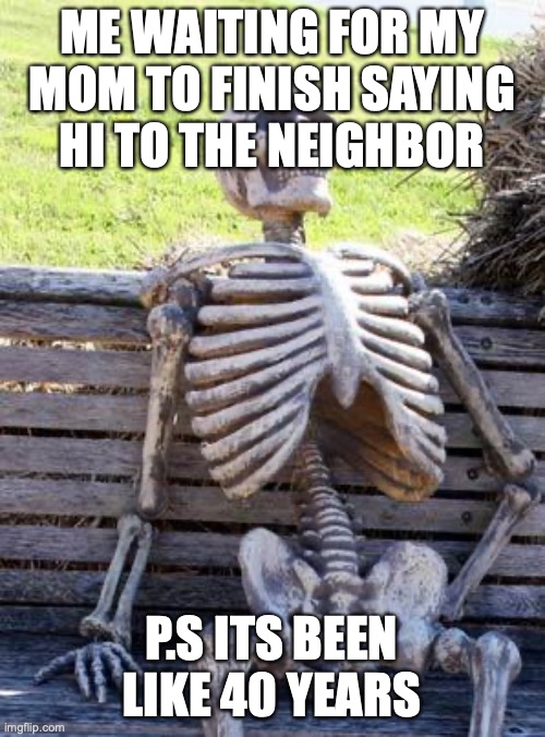 usually it takes 30-60 years | ME WAITING FOR MY MOM TO FINISH SAYING HI TO THE NEIGHBOR; P.S ITS BEEN LIKE 40 YEARS | image tagged in memes,waiting skeleton | made w/ Imgflip meme maker