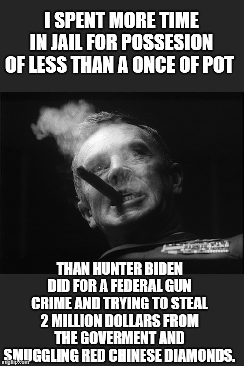 justice for all ! | I SPENT MORE TIME IN JAIL FOR POSSESION OF LESS THAN A ONCE OF POT; THAN HUNTER BIDEN DID FOR A FEDERAL GUN CRIME AND TRYING TO STEAL 2 MILLION DOLLARS FROM THE GOVERMENT AND SMUGGLING RED CHINESE DIAMONDS. | image tagged in democrats | made w/ Imgflip meme maker