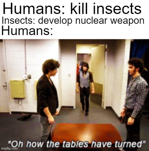 boom | Humans: kill insects; Insects: develop nuclear weapon; Humans: | image tagged in memes,how the tables have turned,nuclear bomb,bugs,humans | made w/ Imgflip meme maker