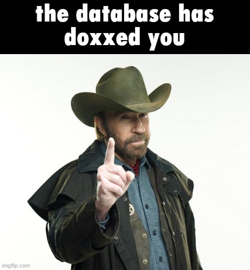 Watch out | the database has
doxxed you | image tagged in memes,chuck norris finger,chuck norris,ignore,social media | made w/ Imgflip meme maker