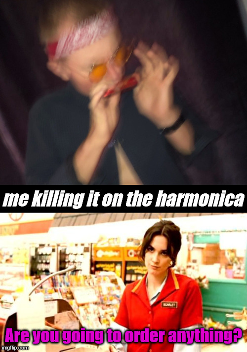me killing it on the harmonica; Are you going to order anything? | image tagged in harmonica,cashier meme | made w/ Imgflip meme maker