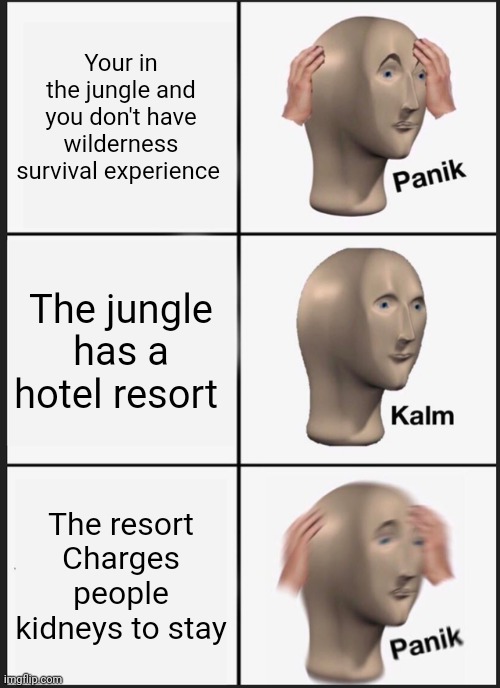 I'll take my chances in the jungle | Your in the jungle and you don't have wilderness survival experience; The jungle has a hotel resort; The resort Charges people kidneys to stay | image tagged in memes,panik kalm panik | made w/ Imgflip meme maker