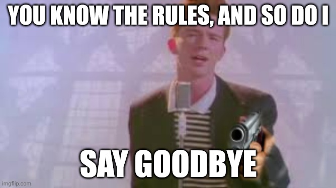 rick astley with gun | YOU KNOW THE RULES, AND SO DO I; SAY GOODBYE | image tagged in rick astley with gun | made w/ Imgflip meme maker