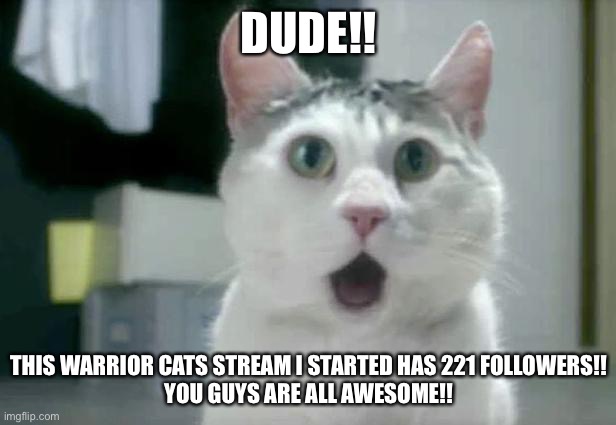 Whoa you guys someone call in your fellow warrior fans! | DUDE!! THIS WARRIOR CATS STREAM I STARTED HAS 221 FOLLOWERS!!
YOU GUYS ARE ALL AWESOME!! | image tagged in memes,omg cat | made w/ Imgflip meme maker
